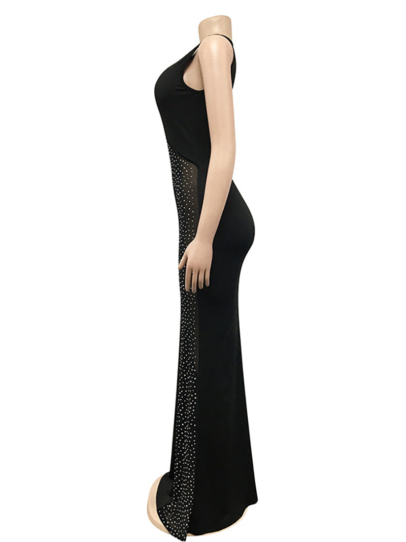 Sheer Mesh Patchwork Rhinestone Bodycon Maxi Dress