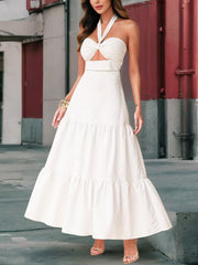 Sexy Halter Lace-up Slim Tiered Maxi Dress