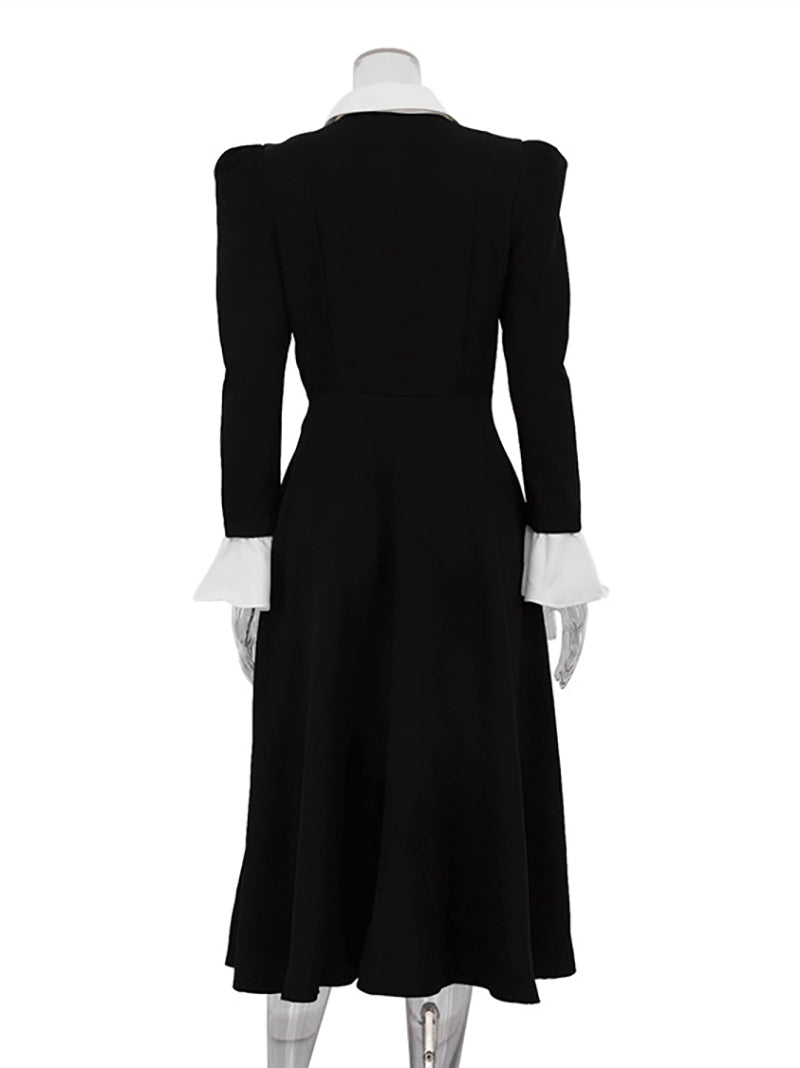 Fashion Elegant Patchwork Lapel A-Line Midi Dress