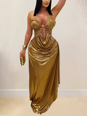 Sexy Halter Hollow Out Ruched Maxi Dress