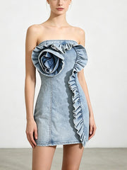 Floral Ruffle Denim Mini Dress