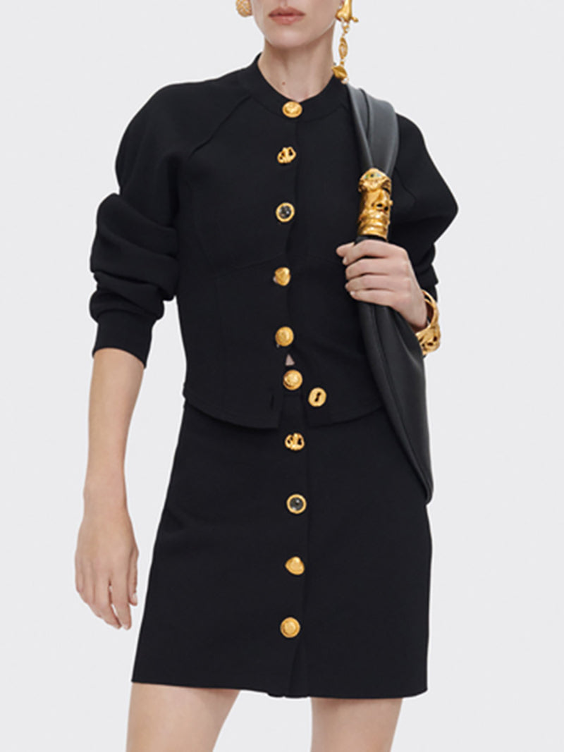 Fashion Metal Button Cardigan Top High Waist Skirt Set
