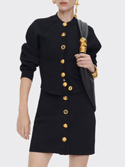 Fashion Metal Button Cardigan Top High Waist Skirt Set