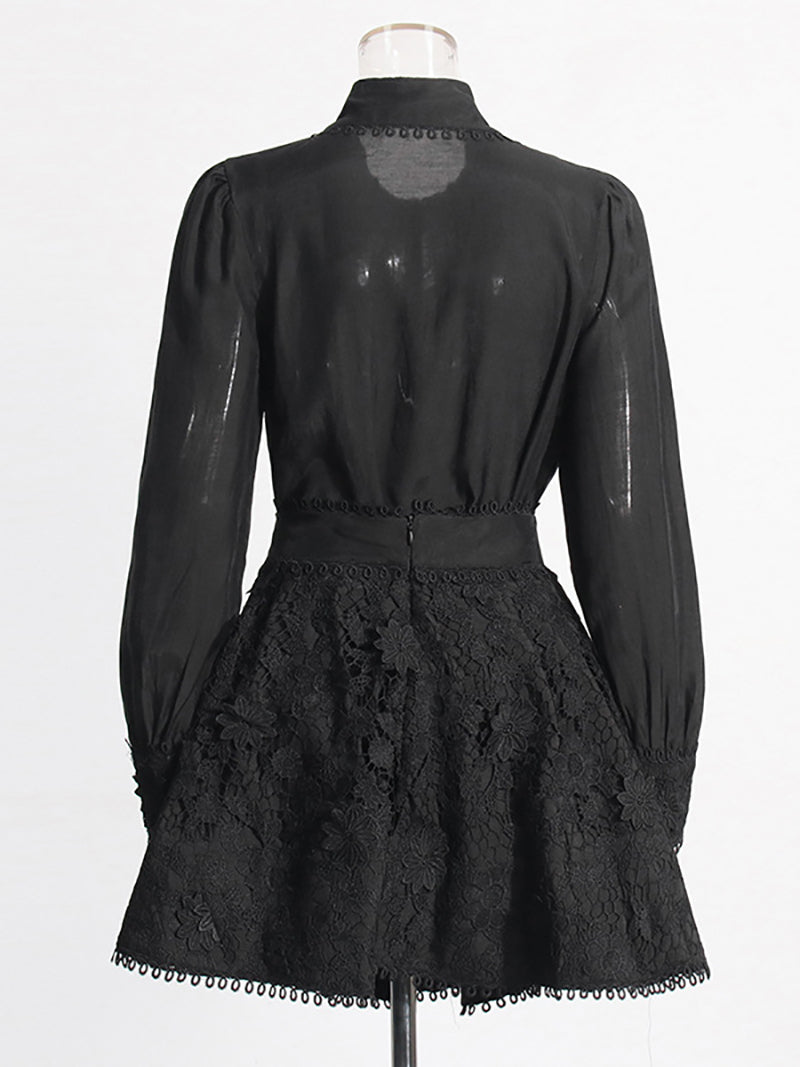 Fashion Lace Trim Collar Button A-Line Skirt Sets