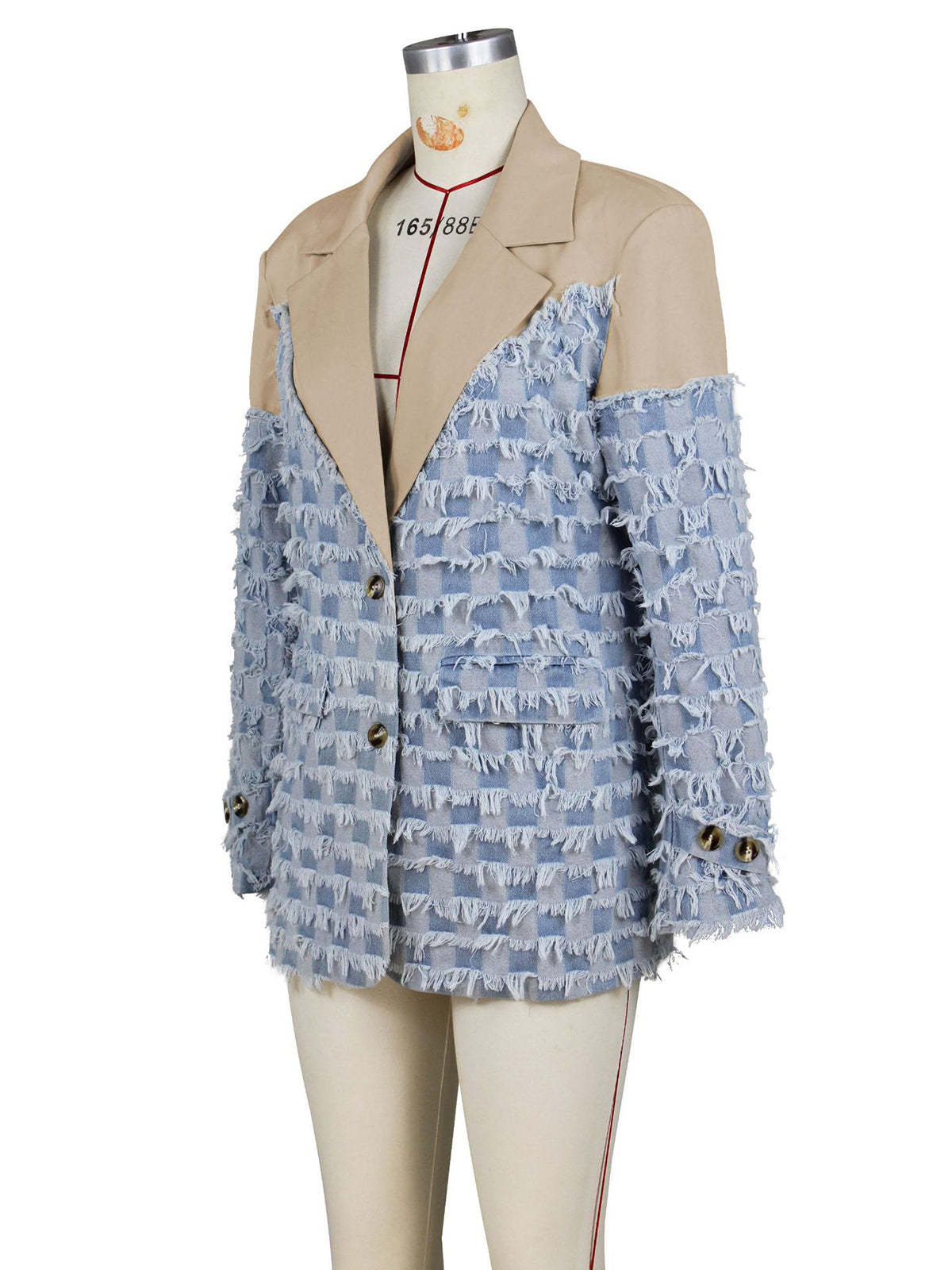 Denim Patchwork Plaid Jacquard Lapel Blazer