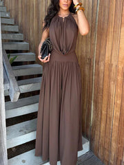 Chic Halter Neck Backless Top Ruched Wide-leg Pants Set