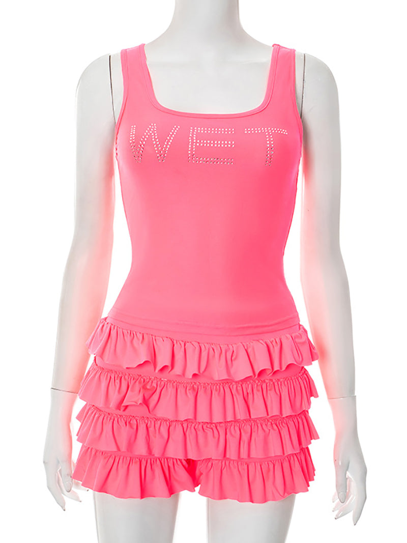 Rhinestone Print Vest And Shorts Casual Set