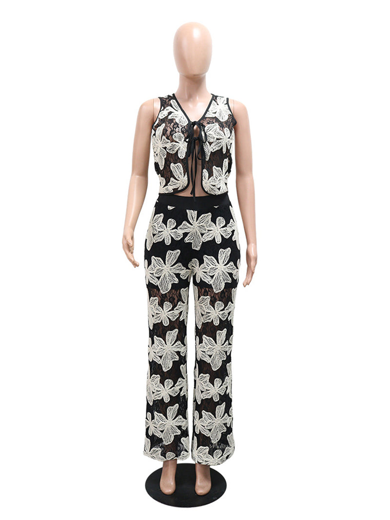 Fashion Lace See-Through Cropped Top Wide Leg Pant Sets