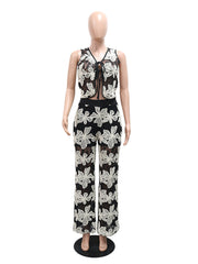 Fashion Lace See-Through Cropped Top Wide Leg Pant Sets