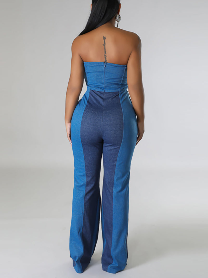 Colorblock Denim Patchwork Bandage Jumpsuit