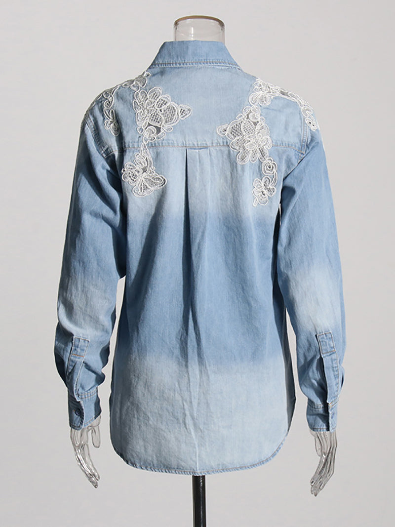 Fashion Denim Lace Denim Shirt -Boutique