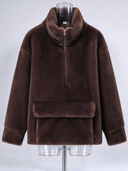 Plush Half Zip Stand Collar Pullover-boutique