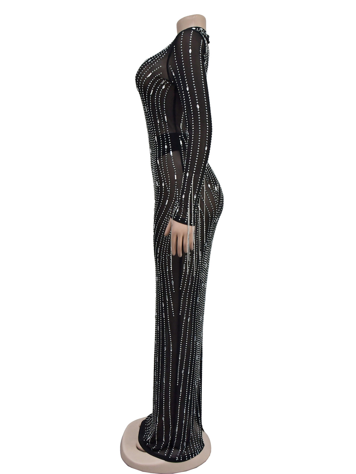 Rhinestones See Through Long Sleeves Maxi Dress