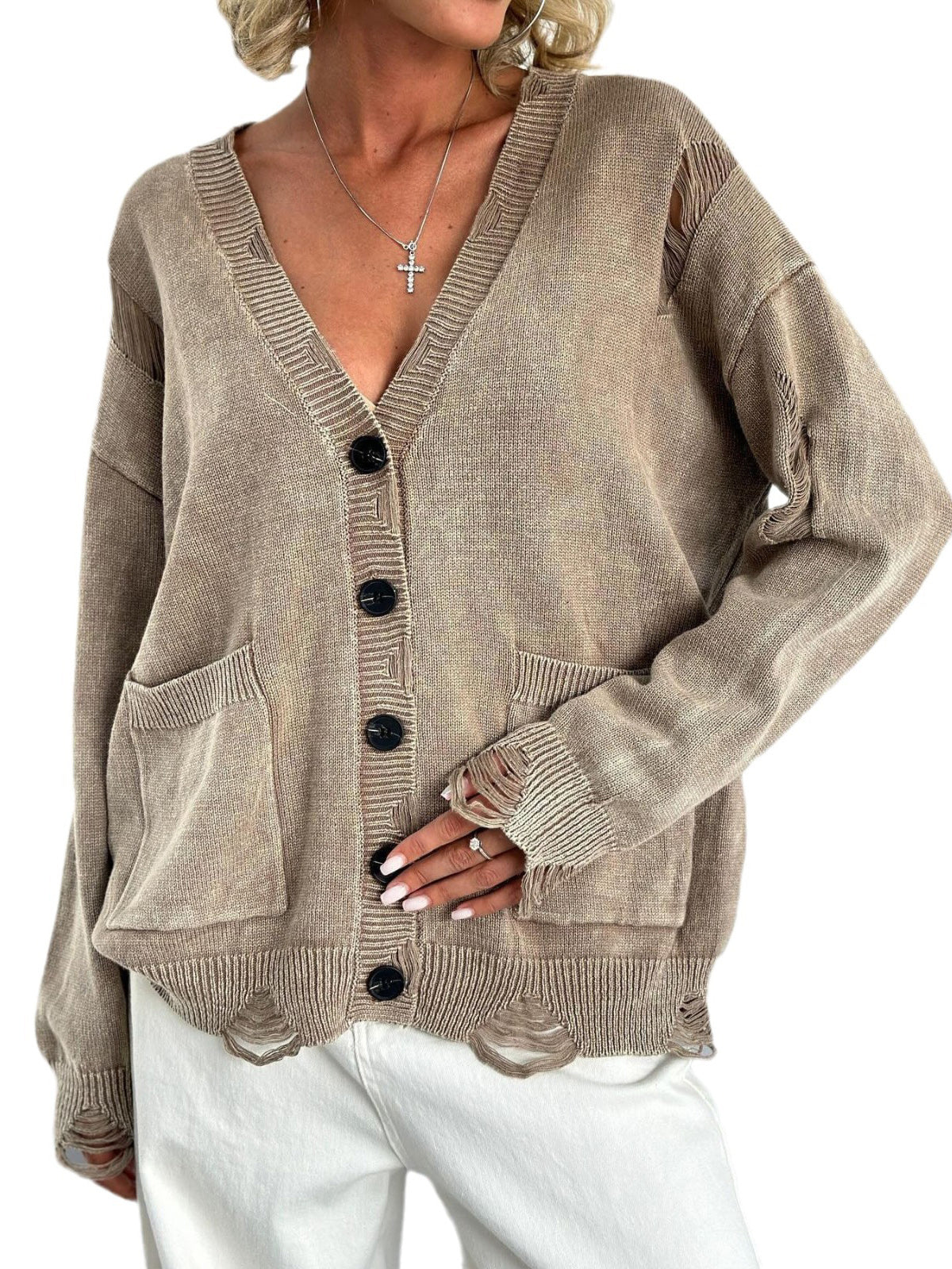 Solid Knit Button Frayed Cardigan