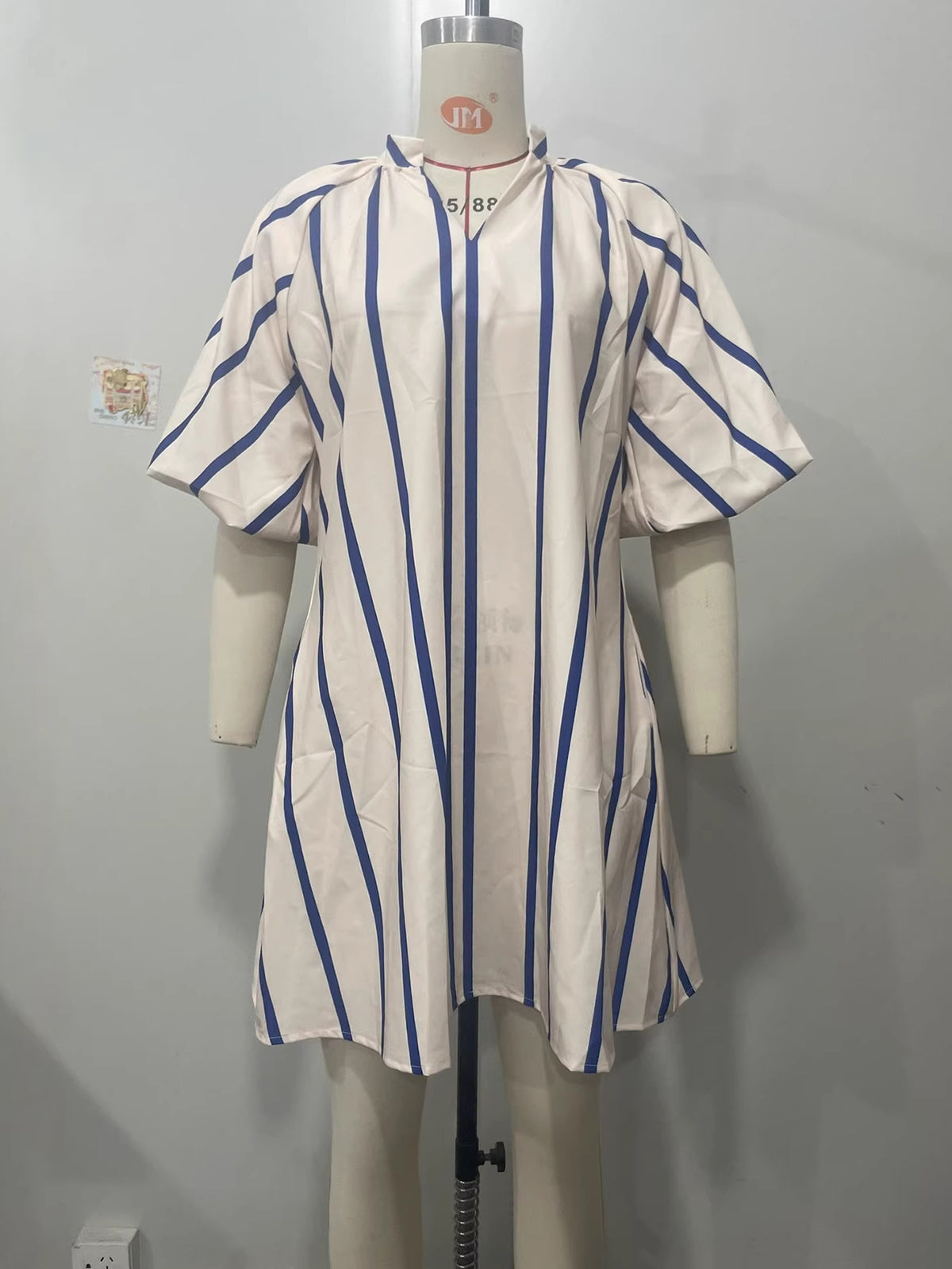 Casual Striped V Neck Puff Sleeve Loose Mini Dress
