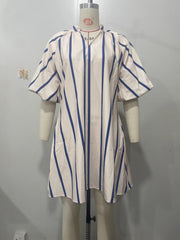 Casual Striped V Neck Puff Sleeve Loose Mini Dress