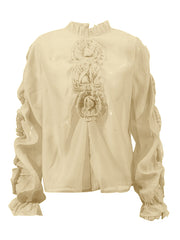 Fashion Floral Embellished Lantern Sleeve Sheer Blouse