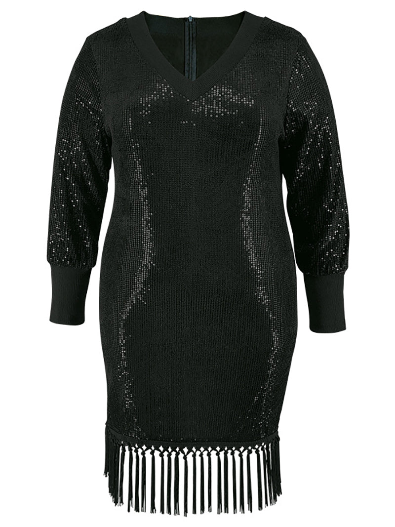 Plus Size V Neck Sequin Tassels Evening Dress