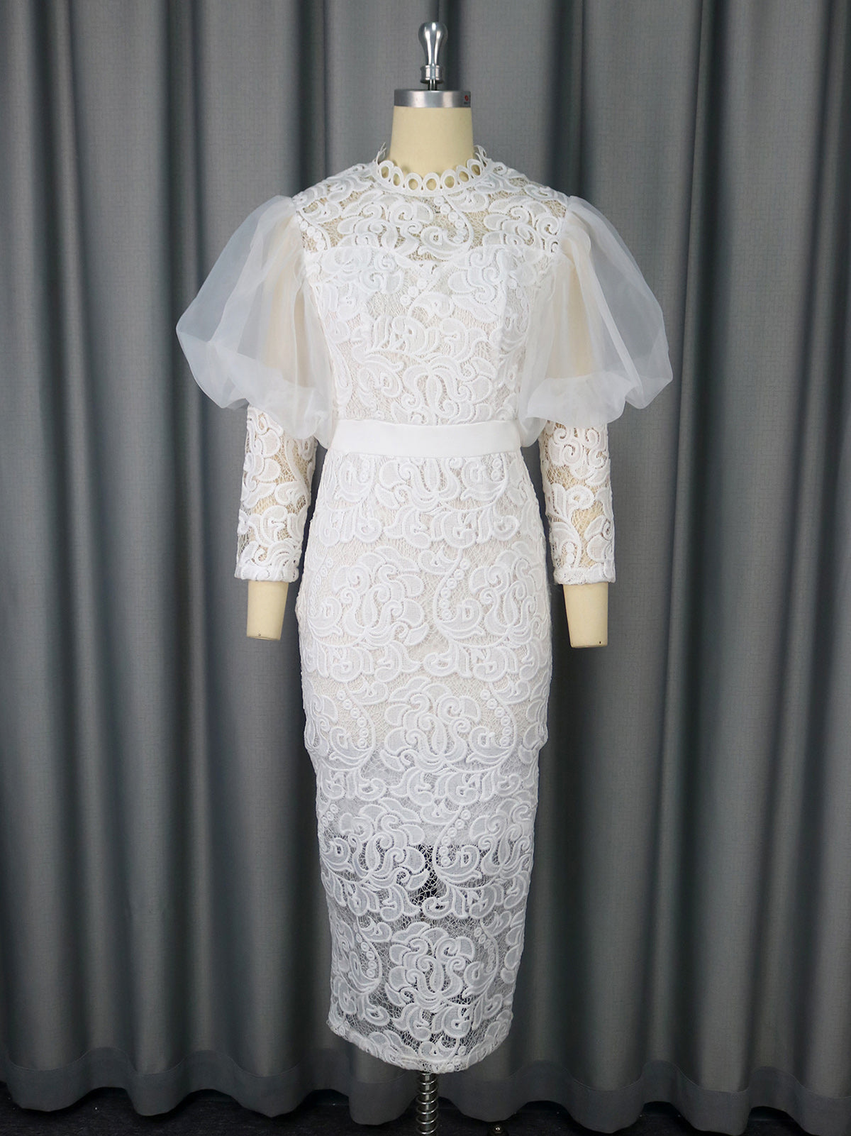 Fashion Mesh Patchwork Lace Puff Sleeves Party Dress