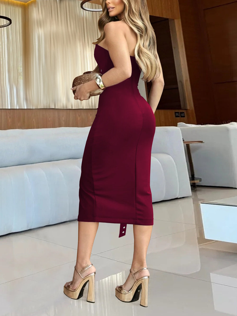 Sexy Strapless Bandage Bodycon Midi Dress