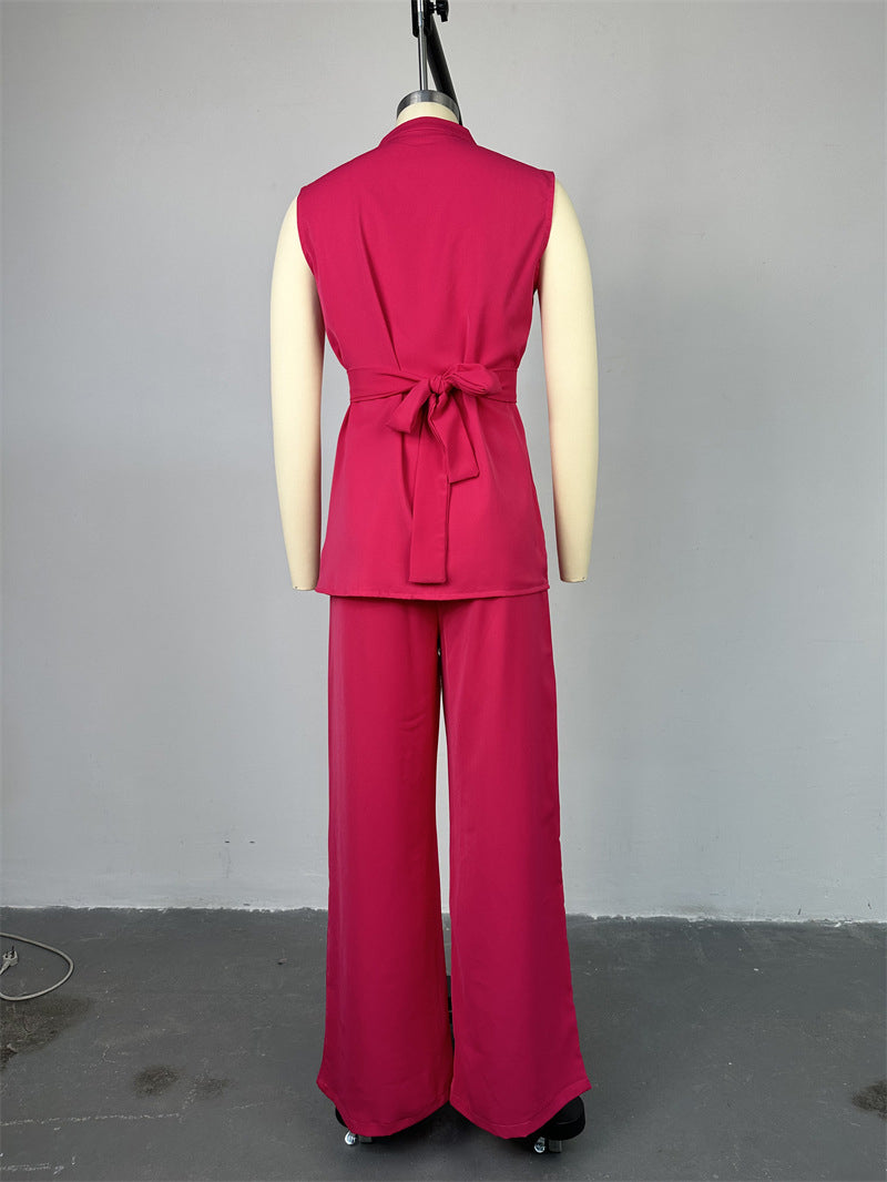 Button-Up Sleeveless Top and Wide Leg Pant Set