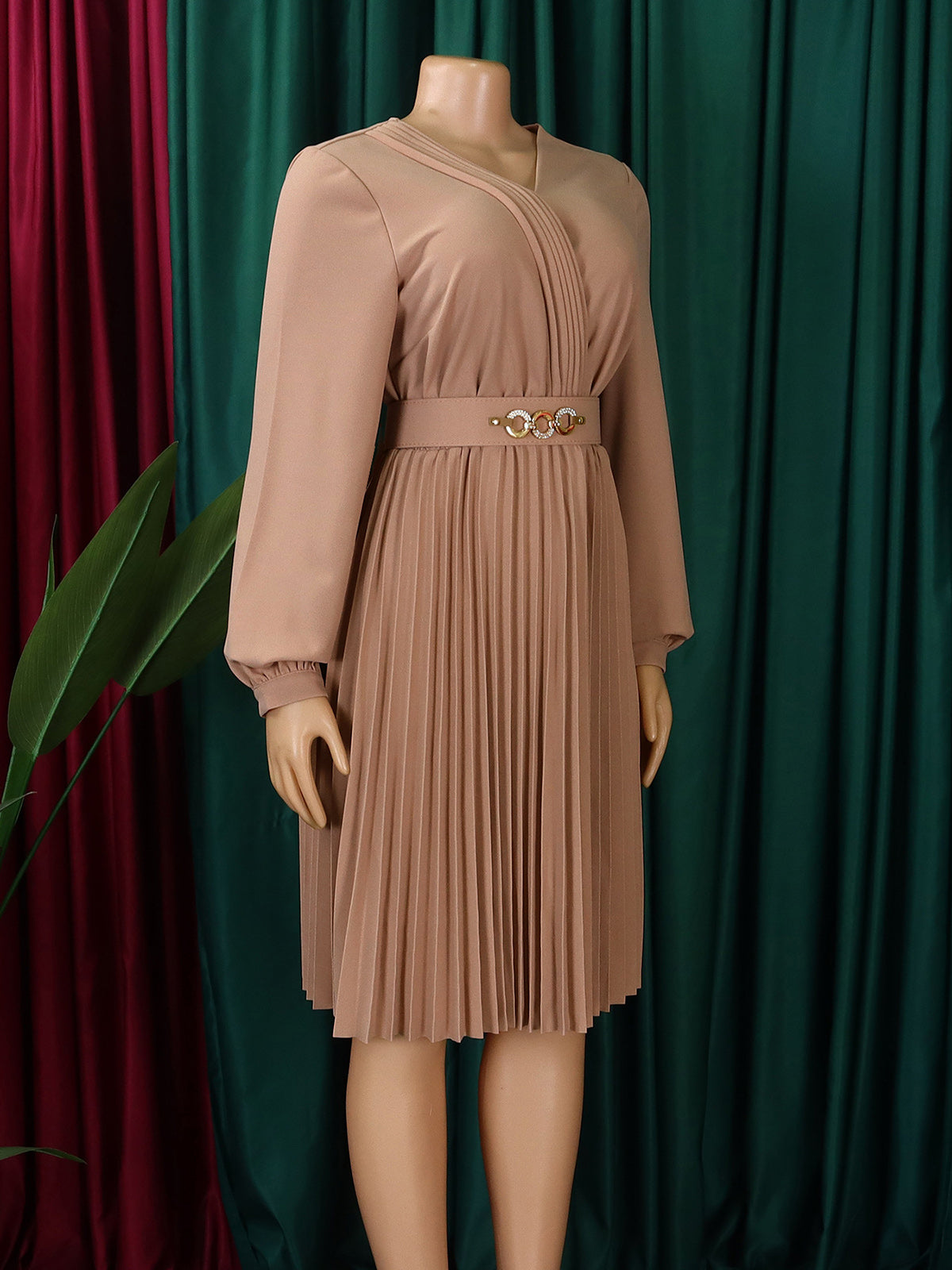 Elegant V-Neck High Waist Pleated Midi Dress