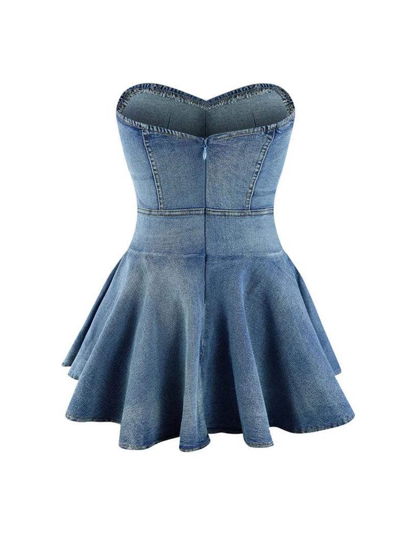 Strapless Backless Elastic Ruffle Denim Dress