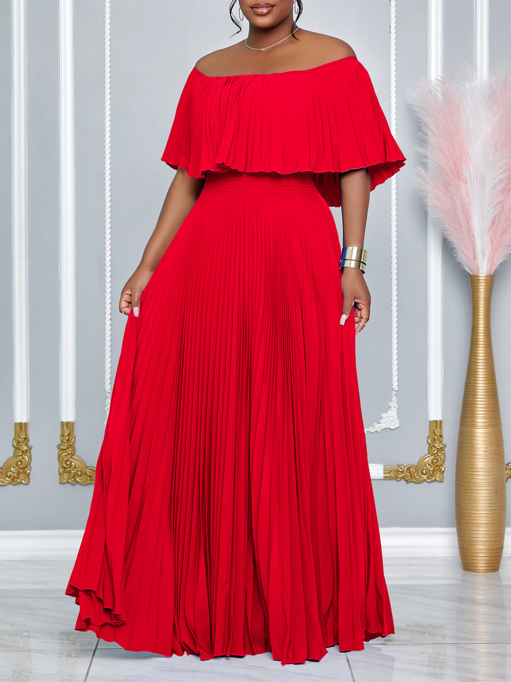 Elegant Solid Color Pleated Off Shoulder Long Dress