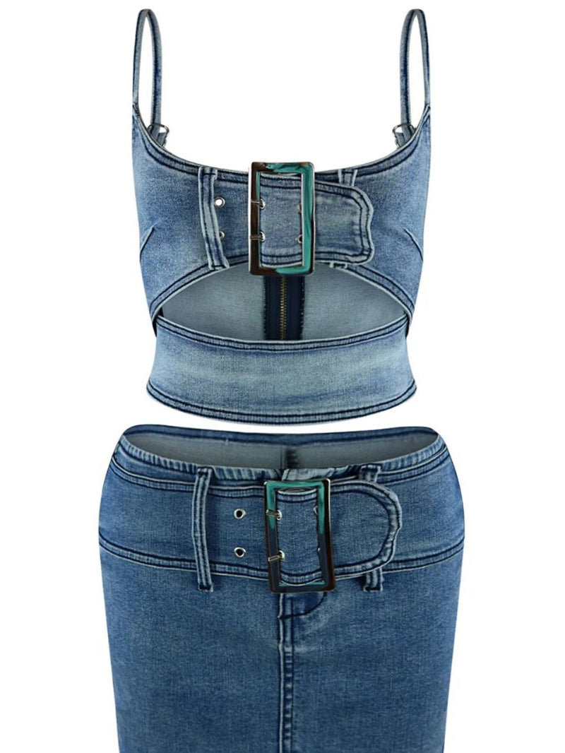 Hollow Out Crop Denim Top Skirt Two Piece Set