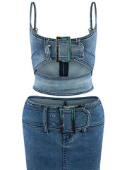 Hollow Out Crop Denim Top Skirt Two Piece Set