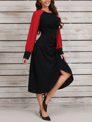 Color Block Long Sleeve Slim Midi Dress