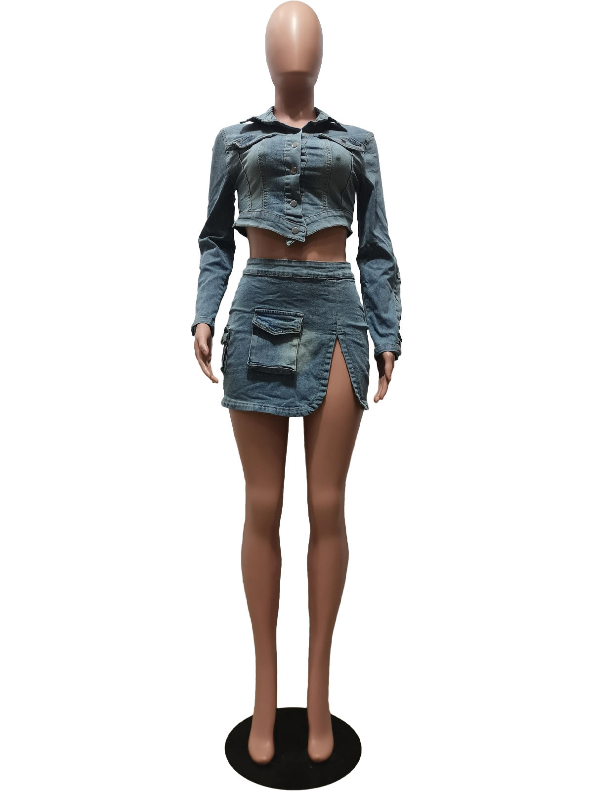 Denim Crop Tops Cargo Skirt Casual Set