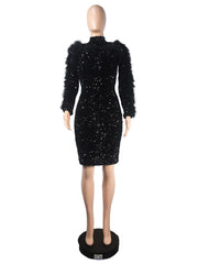 Sequin Feather Splicing Long Sleeve Backless Midi Dress