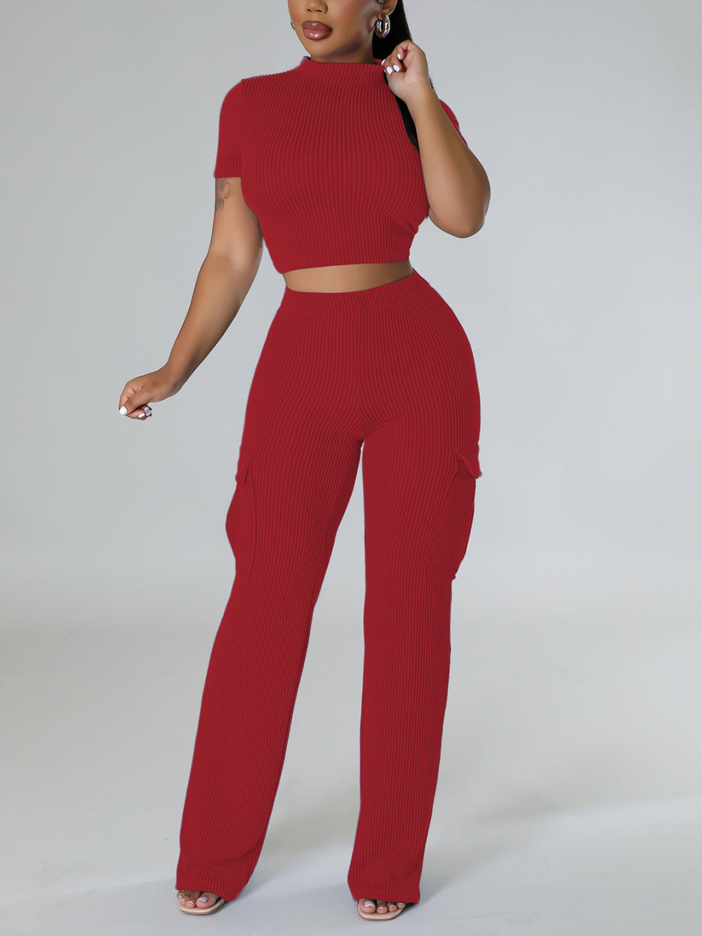 Solid Short Sleeve Top Wide-leg Pants Two-Piece Set