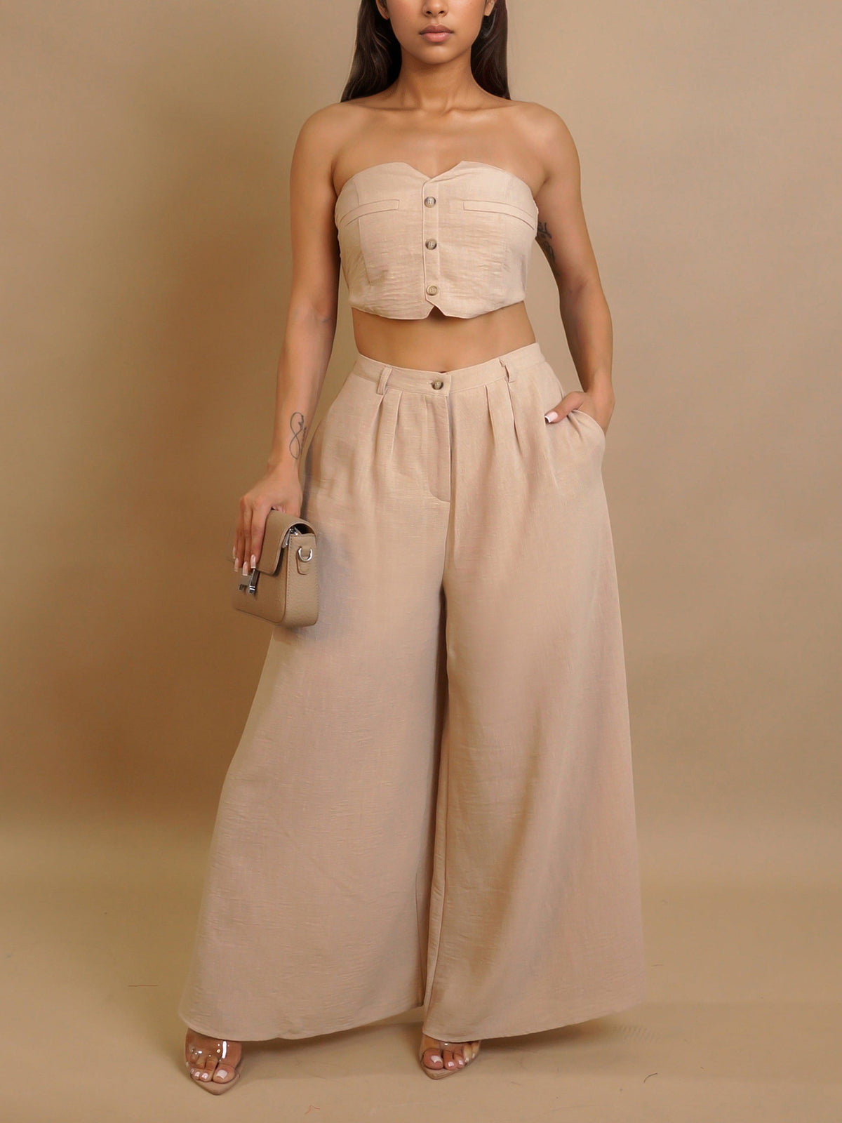 Fashion Elastic Strapless Tube Top Wide Leg Pants Sets