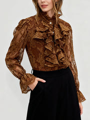 Vintage Mesh Sheer Lace Ruffle Blouse