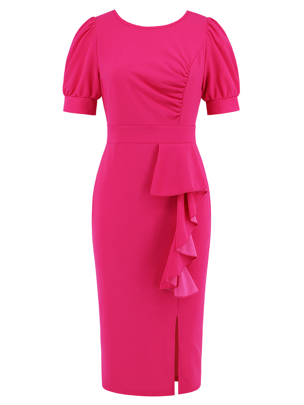 Fashion Puff Sleeve Ruffle Slit Bodycon Midi Dress