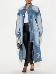 Applique Patchwork Stand Collar Long Sleeve Denim Coat