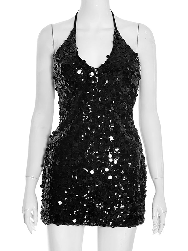 Sexy Halter Lace-up Sequin Party Club Mini Dress