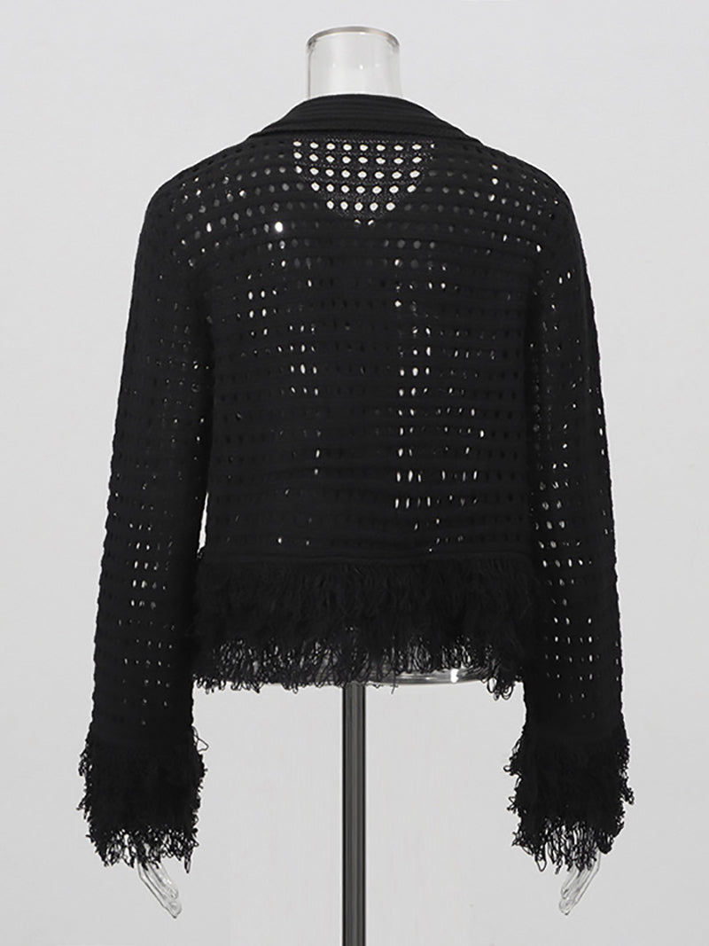 Fashion Double-Breasted Crochet Knit Fringe Jacket