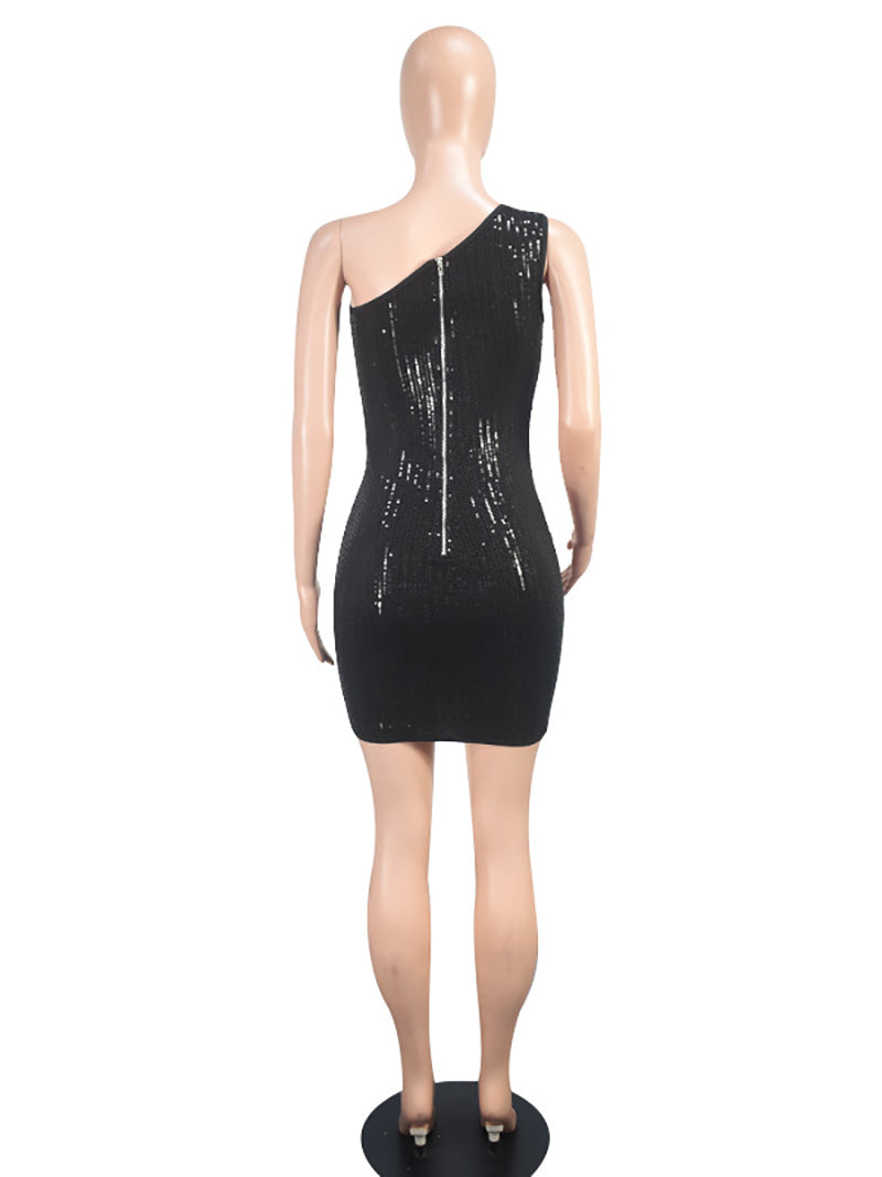 Slash Shoulder Sequin Mesh Sexy Nightclub Dress