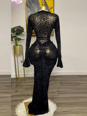 Sexy Snake Print Lace Patchwork O Neck Maxi Dress