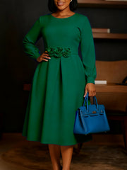 Round Neck Long-Sleeve Floral Embellishment Midi Dress