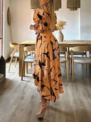 V-neck Print Bubble Sleeve Dress
