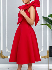 Single Shoulder Bow Detail Flare Midi Dress