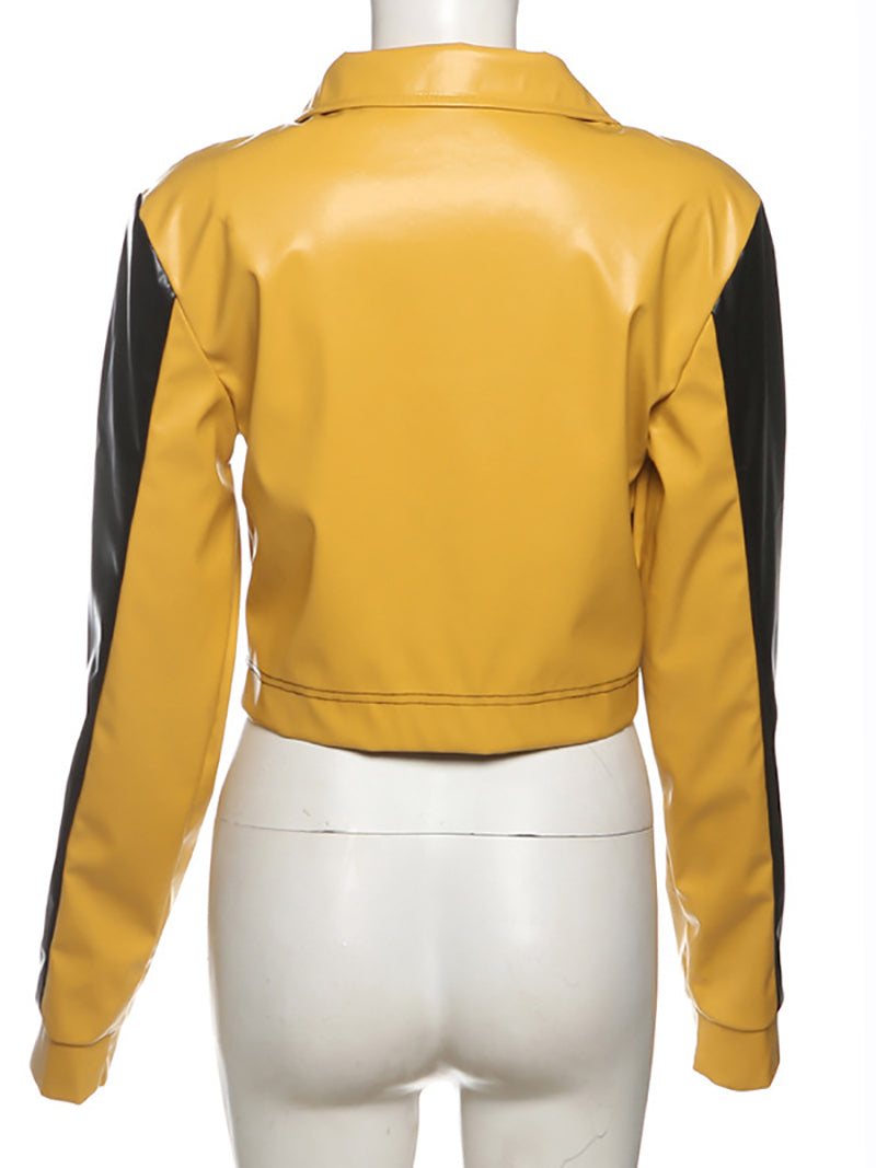 Collared PU Leather Cropped Racing Jacket