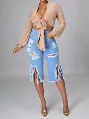 Casual Elastic Denim Ripped Shorts Jeans