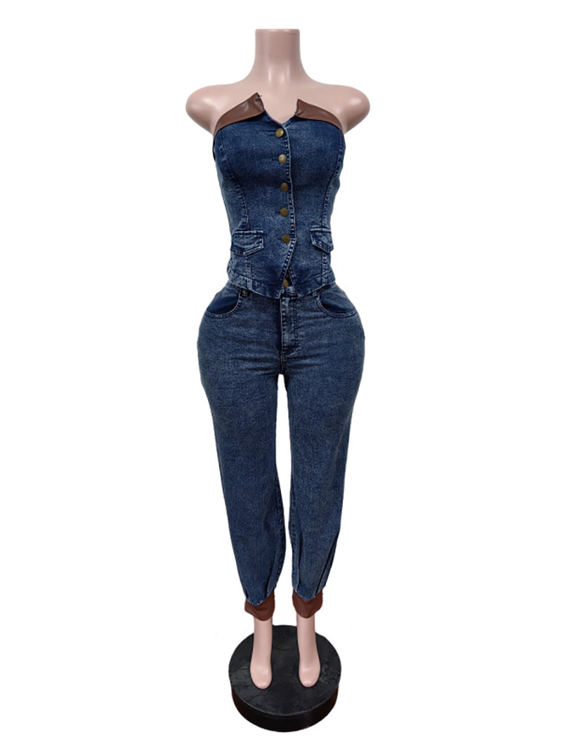 Fashion Denim Tube Vest And Jeans Two Piece Set