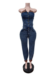 Fashion Denim Tube Vest And Jeans Two Piece Set