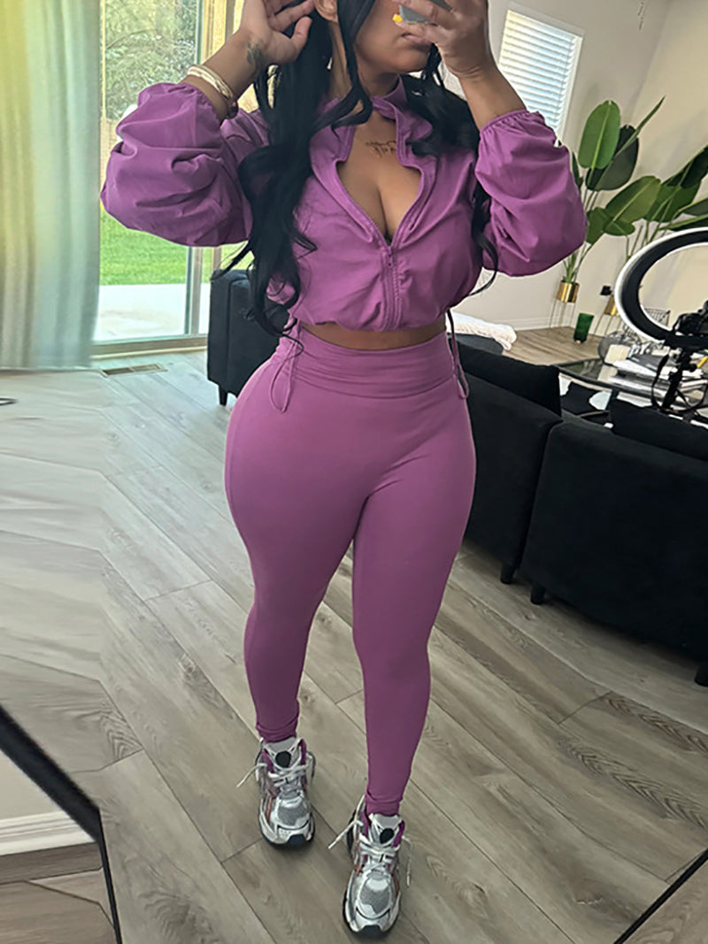 Drawstring Crop Tops Leggings Jogger Two Piece Set